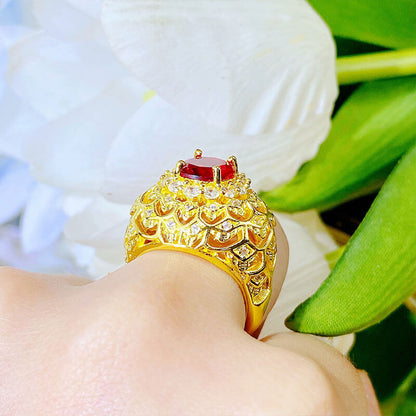 Textured Carved Golden Pigeon Blood Imitation Ruby Brushed Ring Wide-brimmed Fish Scale Hand-inlaid Imitation Ruby Color Treasure Ring