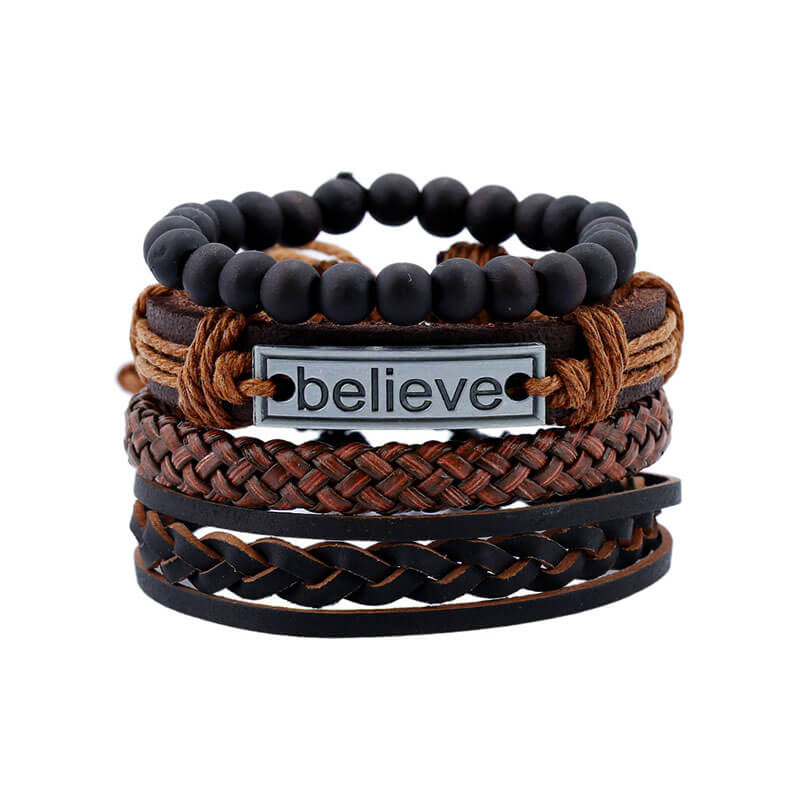 Vintage Cowhide Men's Bracelet Set Braided Leather Bracelets