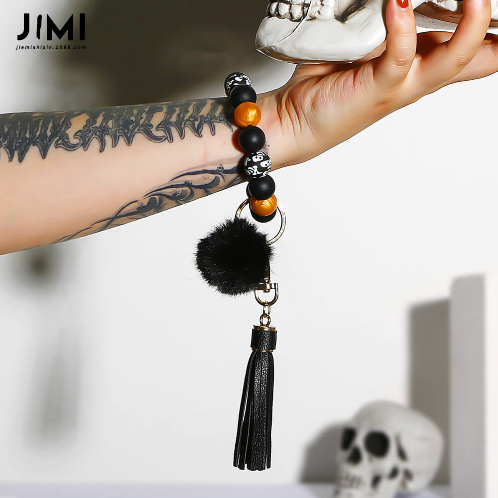 Halloween Ethnic Bracelet Key Ring Decompression Silicone Bead Ball Tassel Ghost Head Skull Bracelet Keychain