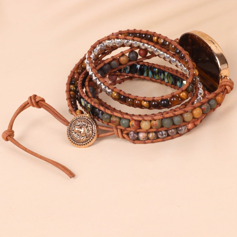 Tiger Eye Beads Braided Leather Bracelet