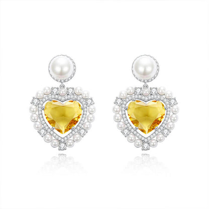 Zircon Yellow Diamond Heart and Pearl Earrings Brilliant Pink Diamond Stud Earrings