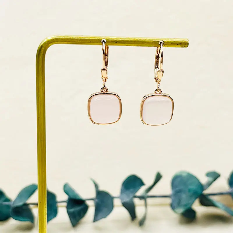 Square Pink Gem Rose Gold Dangle Earrings