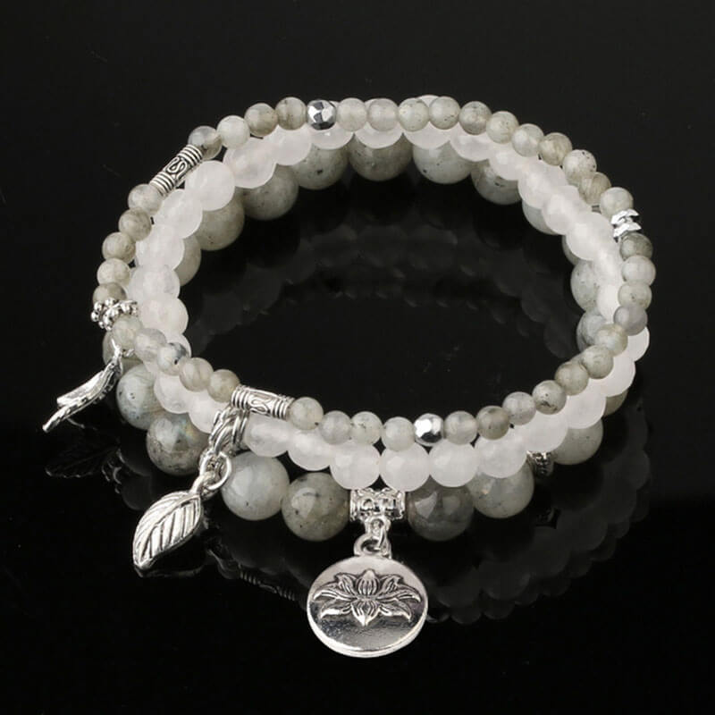 Fashion Three Row Bracelet Natural Stone Crystal Rose Pendant Hand Decoration 6mm Bead Elastic Bracelet