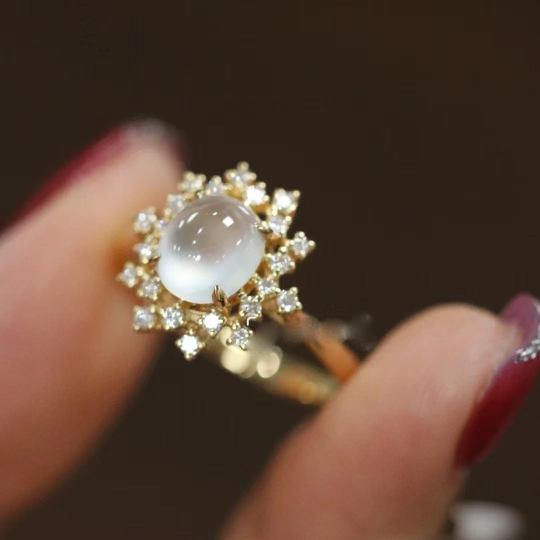 White Snowflake High Ice Chalcedony Cabochon Inlaid Zircon Ring