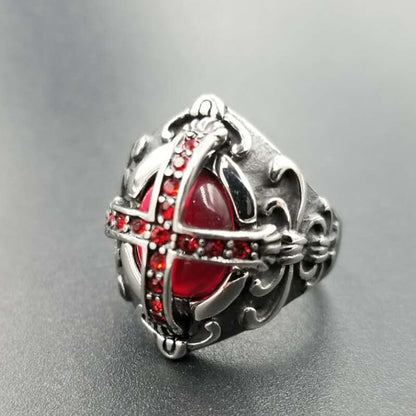 Gothic Ruby Cross and Diamond Ring for Men