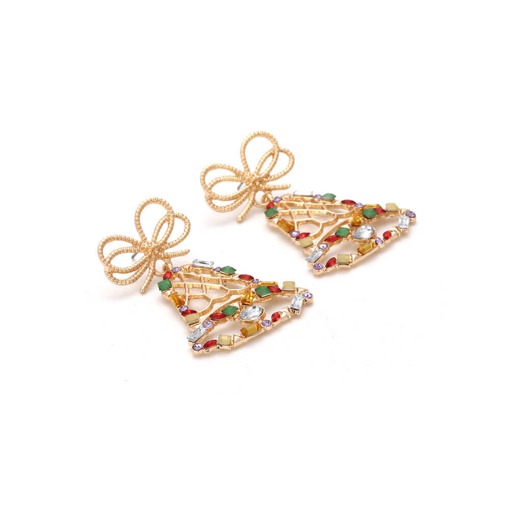 Christmas Exaggerated Color Full Inlaid Zircon Bell Earrings Retro Cartoon Bow Earrings