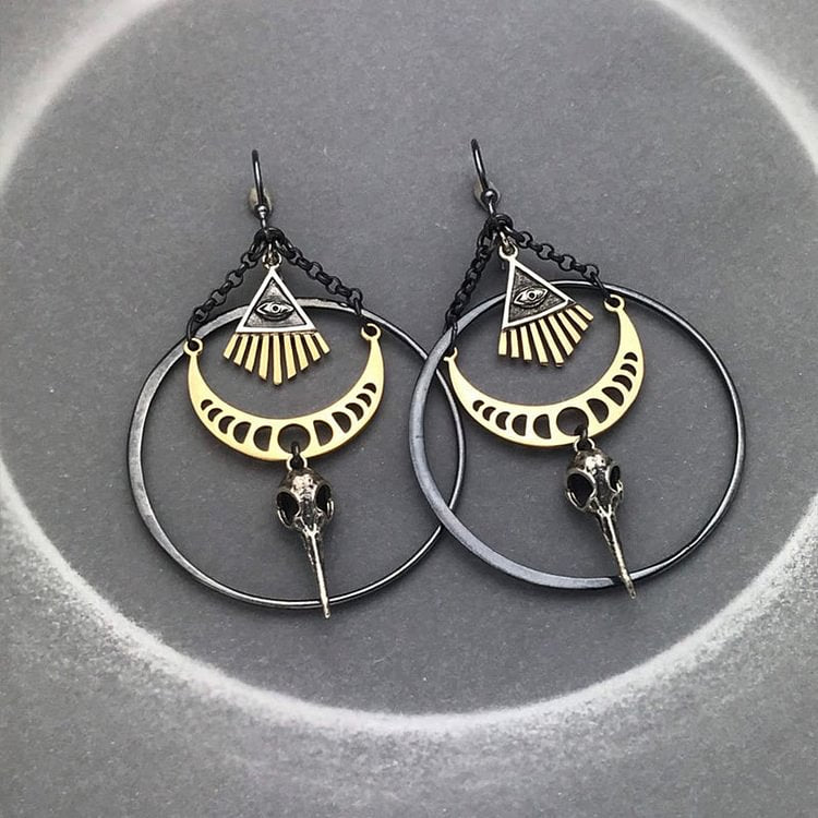 Evil Eye Moon Phase Raven Skull Earrings