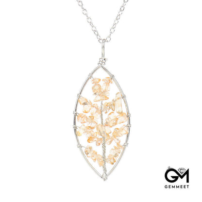 Silver Tree of Life Crystal Leaf Necklace