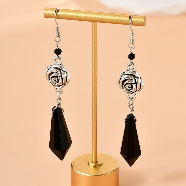 Obsidian Crystal Rose Drop Earrings