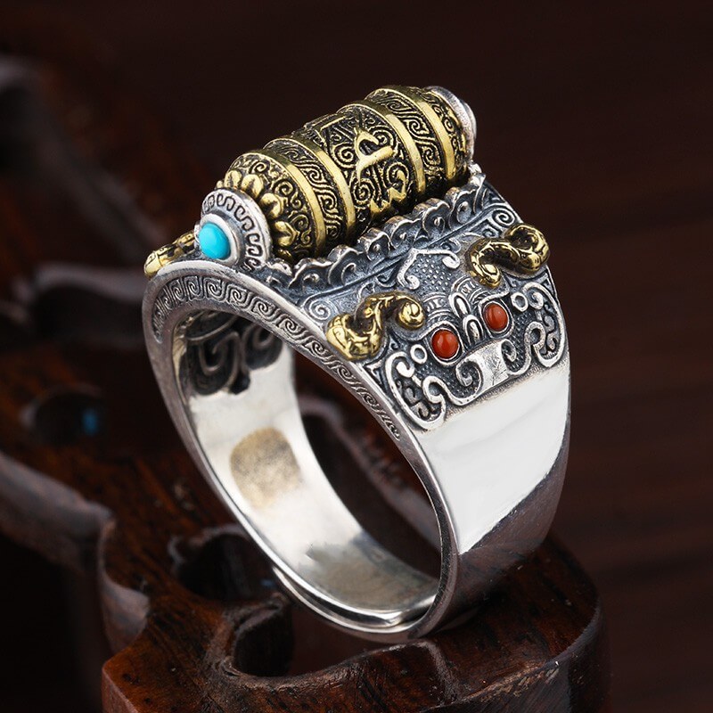 Retro Tibetan Buddhist Ring Can Be Turned and Personalized Adjustable Ring