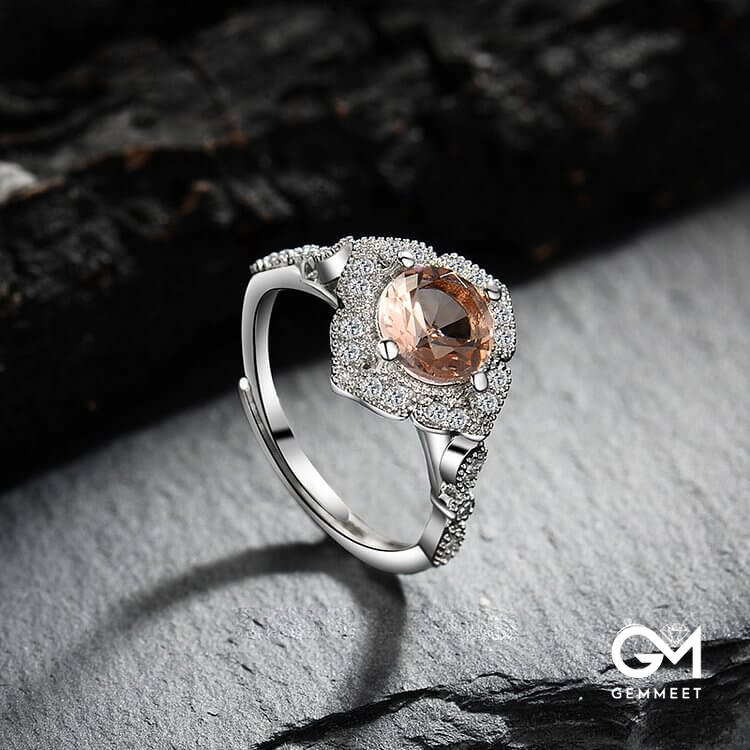 Apricot Pink Zircon Engraved Lace Adjustable Ring