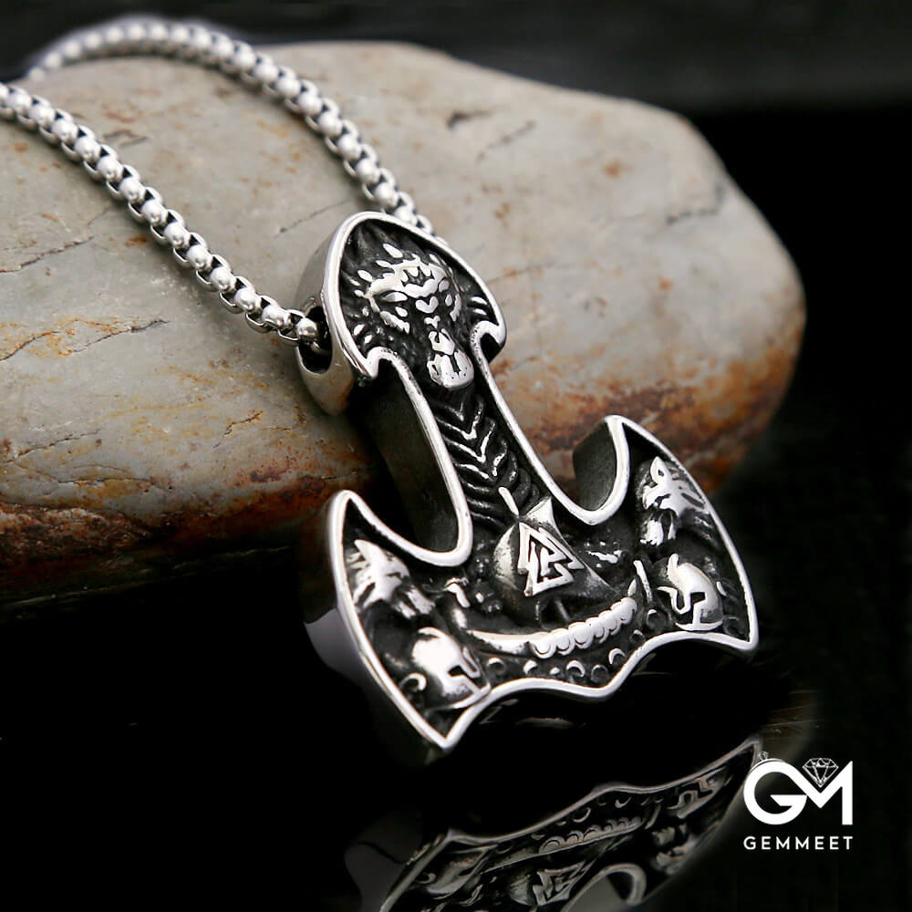 Vintage Stainless Steel Viking Ship Triangle Rune Necklace