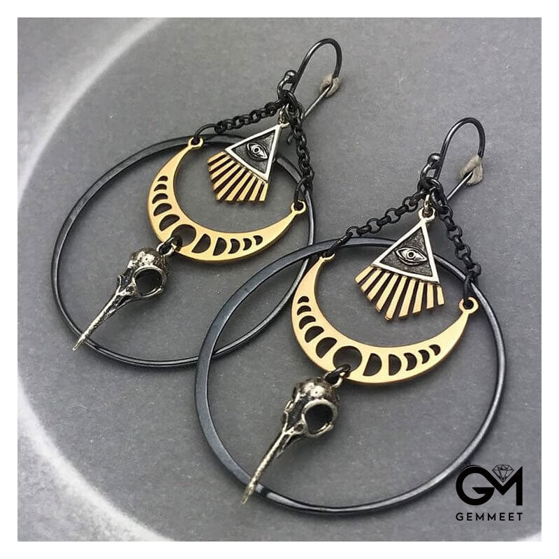 Personality Evil Eyes Moon Phase Crow Skull Earrings