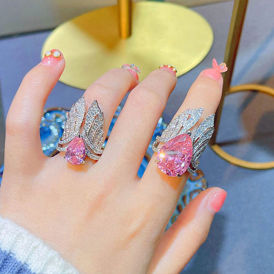 New Retro Simulation Emerald Open Ring Creative Angel Wings Colorful Treasure Ring