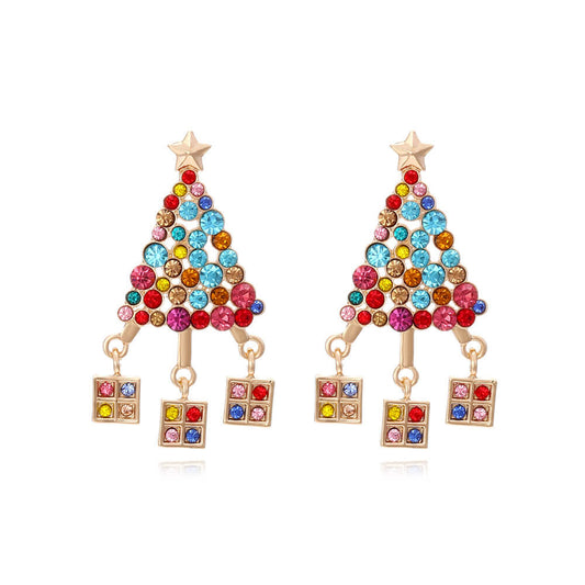 Christmas Color Zircon Christmas Tree Earrings Personalized Creative Alloy Inlaid Zircon Five-pointed Star Gift Box Earrings