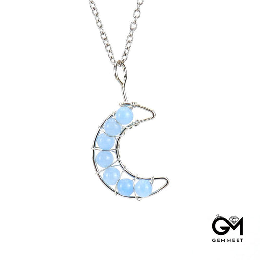 Crystal Beads Around Silk Moon Pendant Necklace