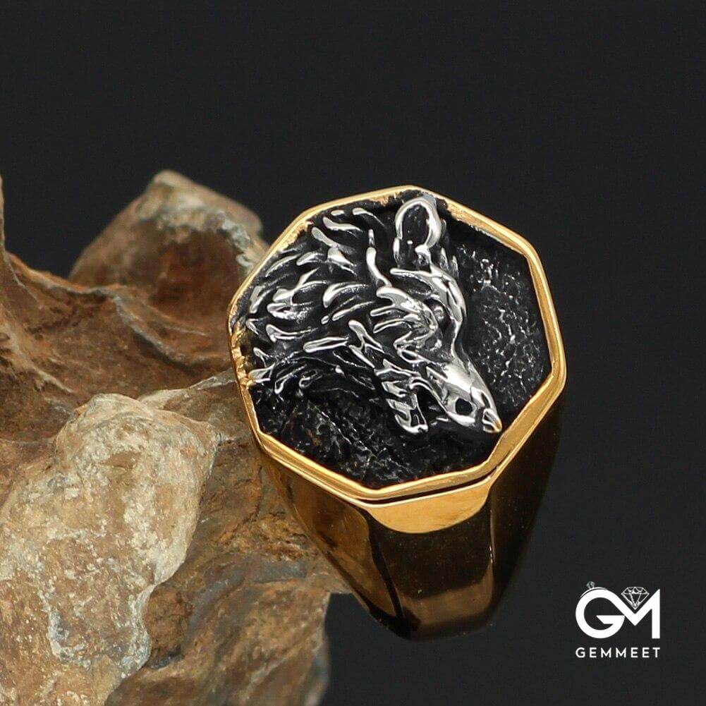 Stainless Steel Viking Wolf Gold Plated Ring