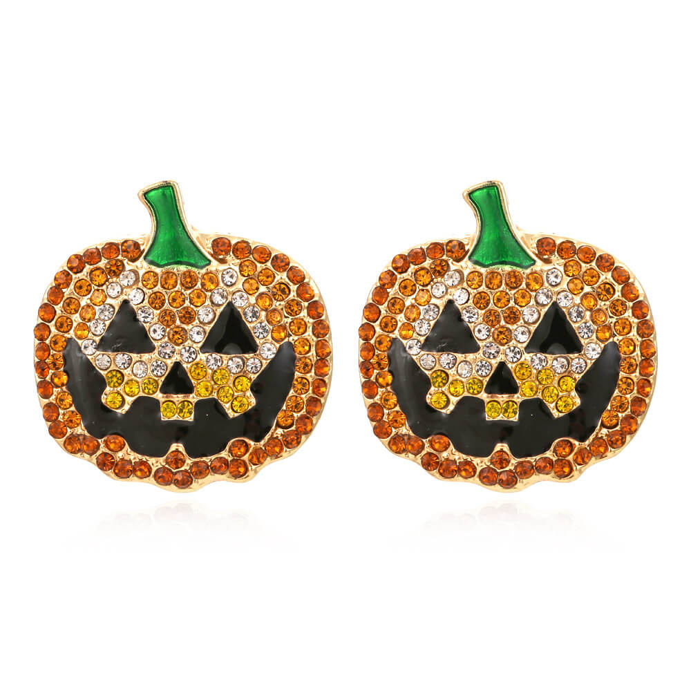 Halloween Stud Earrings Retro Funny Alloy Drip Oil Inlaid Zircon Pumpkin Earrings