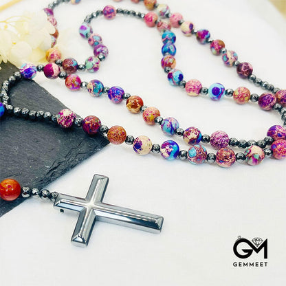 Purple Emperor Stone Cross Pandant Rosary Necklace