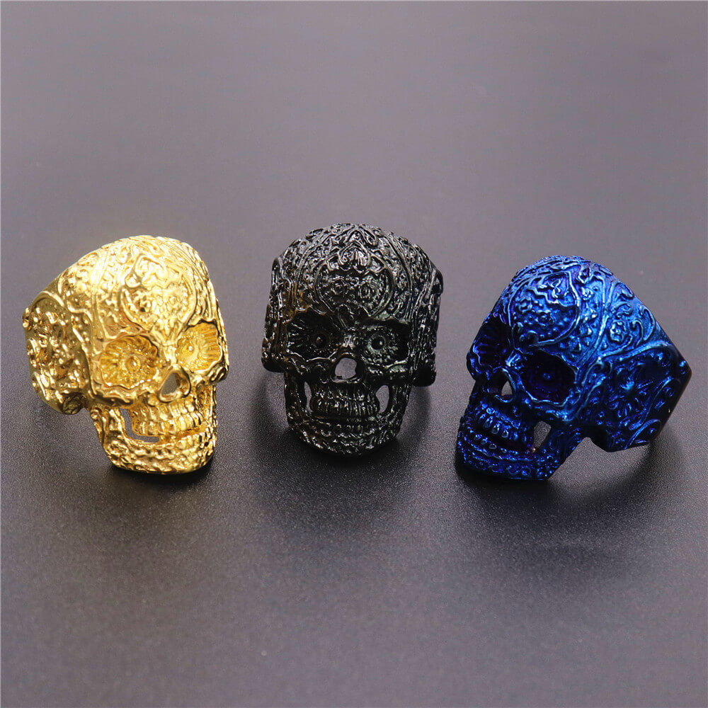 Stainless Steel Colorful Engraved Skull Ring