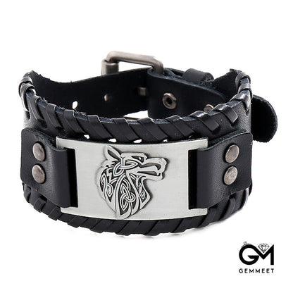 Nordic Wolf Head Leather Bracelet