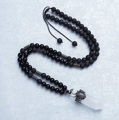 Natural Crystal Hexagon Prism Pendant Mala Necklace