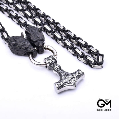 Stainless Steel Viking Wolf Head Thor Hammer Necklace