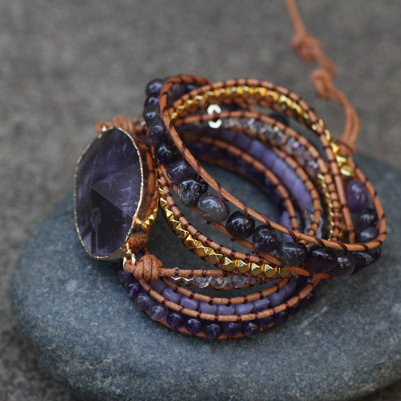 Amethyst Woven Leather Bracelet for Women