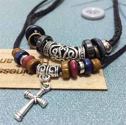 Men Leather Double Layered Braided Beaded Cross Necklace