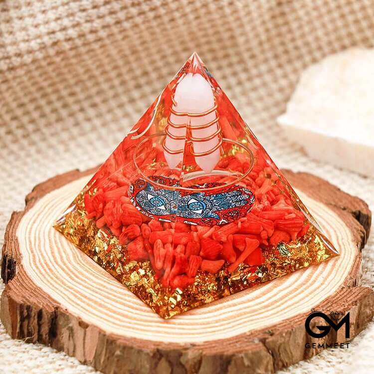 Opal With Red Coral Hamsa Orgone Pyramid