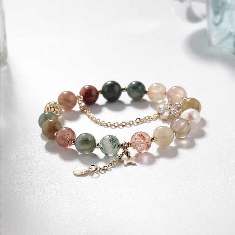 Gold Rutilated Quartz Tourmaline Star Moon Beaded Bracelet