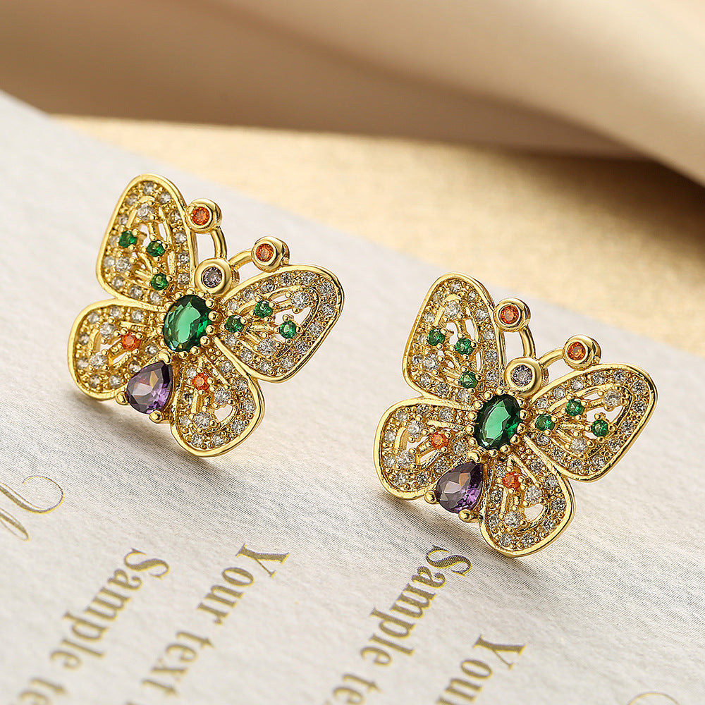 Cute Hollow Butterfly Pearl & Full Stones Stud Earrings