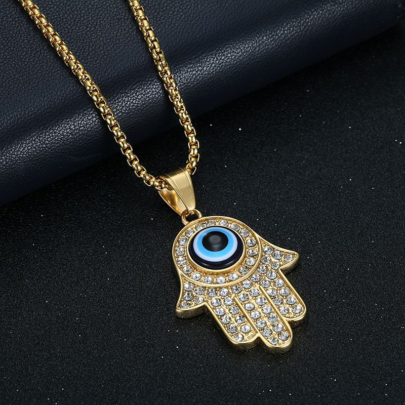 HIPHOP Gold Plated Zircon Blue Eyes Hand of Fatima Pendant