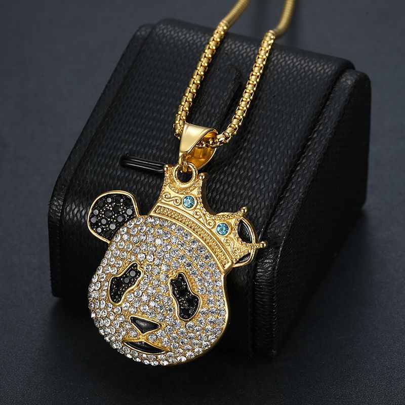 Hip Hop Panda Gold Plated Zircon Crown Pendant