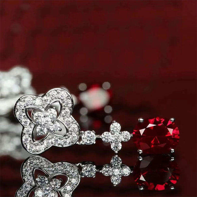 Micro-studded Diamond Flower Star Imitation Ruby Earrings High Carbon Diamond Imitation Red Corundum Pigeon Blood Red Diamond Earrings Long Earrings