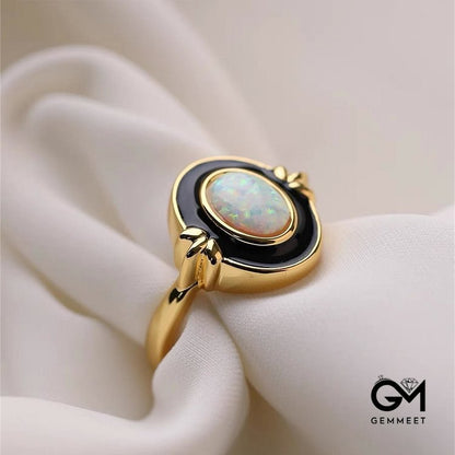 Dainty Opal Black Epoxy Vintage Ring