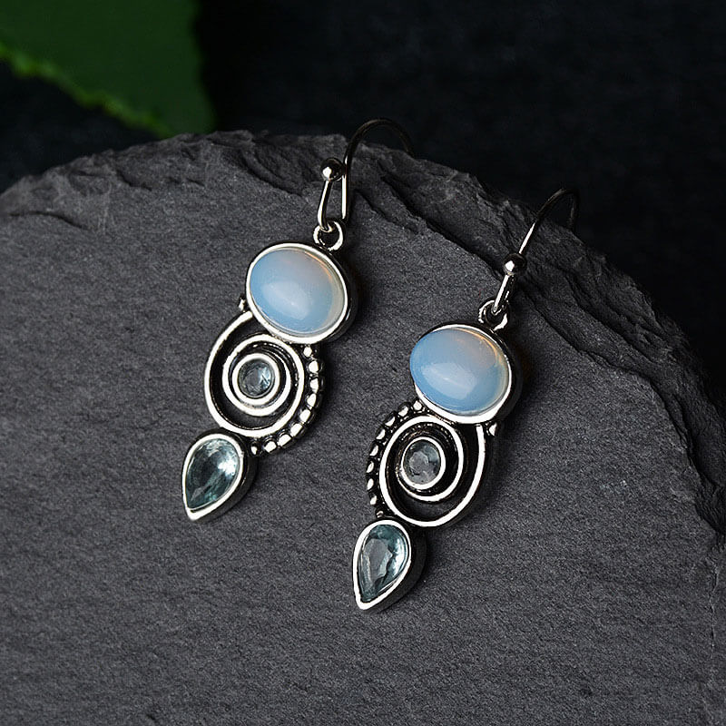 Oval Moonstone Drip Topaz Spiral Dangle Earrings