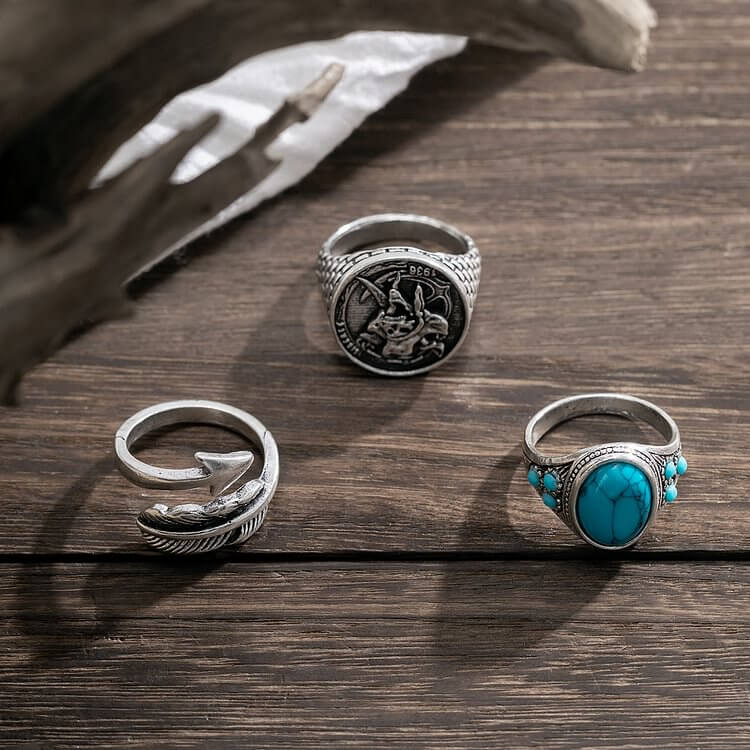 Turquoise Arrow Feather Skull Ring Set