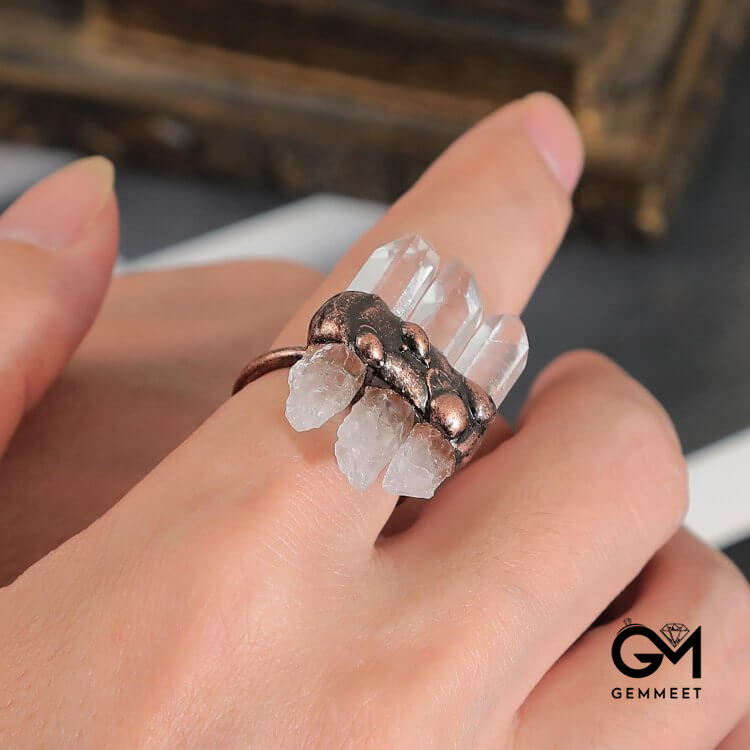 Three Clear Quartz Adjustable Ring