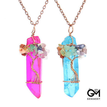 Crystal Pillars Wrapped Around Rubble Tree of Life Necklace