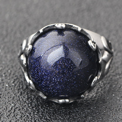 Vintage Shiny Blue Sand Stone Stainless Steel Ring