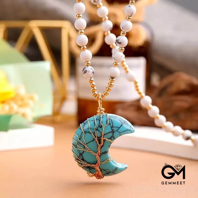 Moon Shape Crystal Tree Of Life Beads Necklace