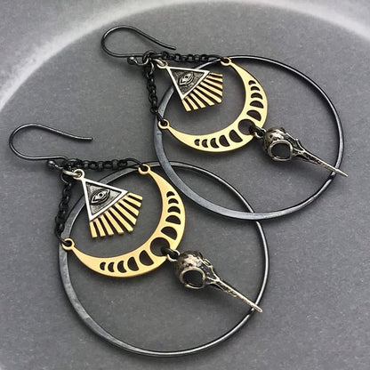 Evil Eye Moon Phase Raven Skull Earrings