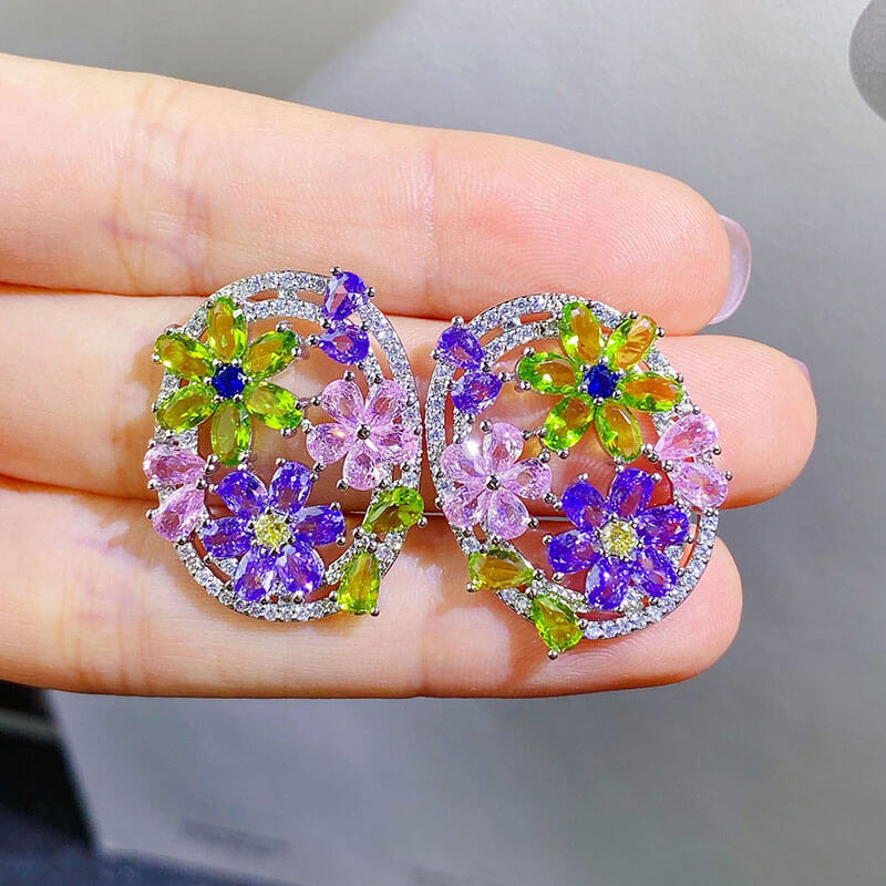 Purple Blossom Floral Earrings Blooming Colorful Zircon Stud Earrings