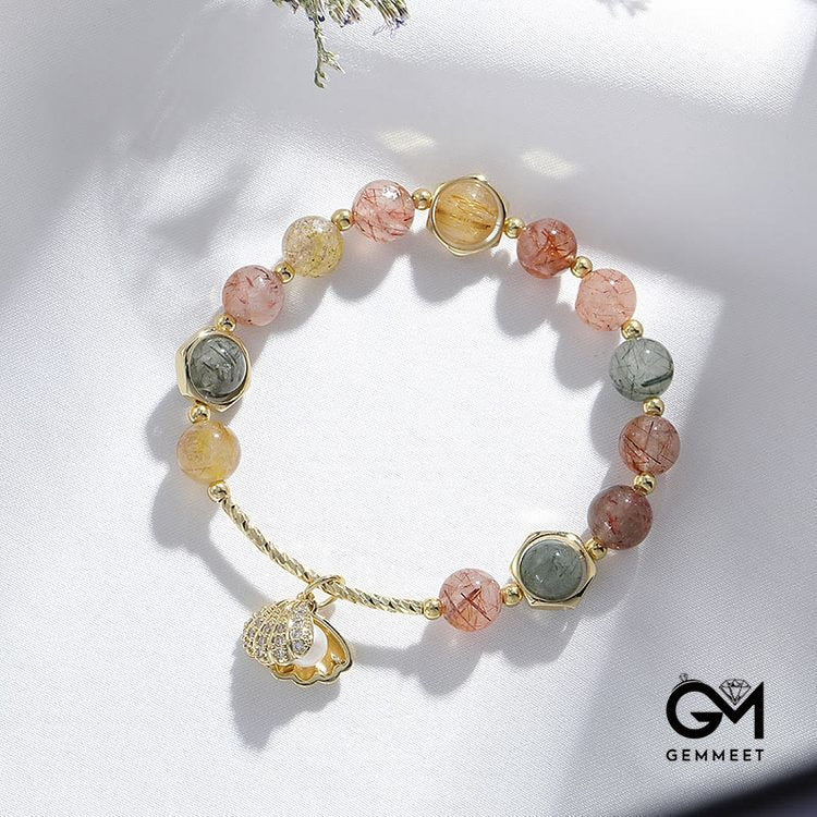 Colorful Rutilated Quartz Beaded Shell Pendant Bracelet