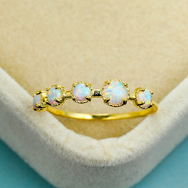 Five Blue White Opal Simple Designs Ring