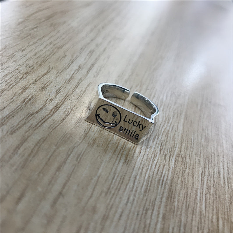 S925 Silver Retro Smiley Open Face Ring