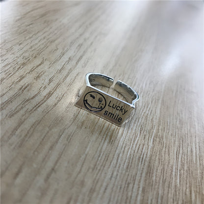 S925 Silver Retro Smiley Open Face Ring