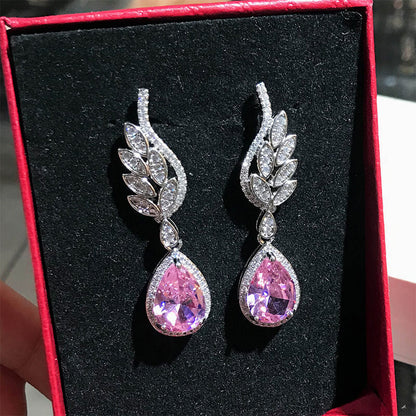 Light Luxury Romantic Argyle Powder Morganite Earrings Micro-inlaid Water Drop Powder Diamond Wing Earrings for Women