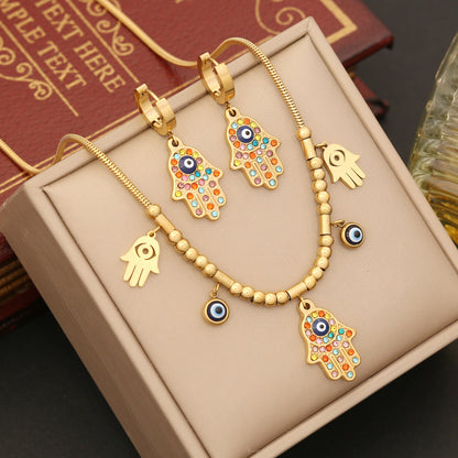 Hollow Evil Eye Color Stones Bracelet Necklace & Earrings